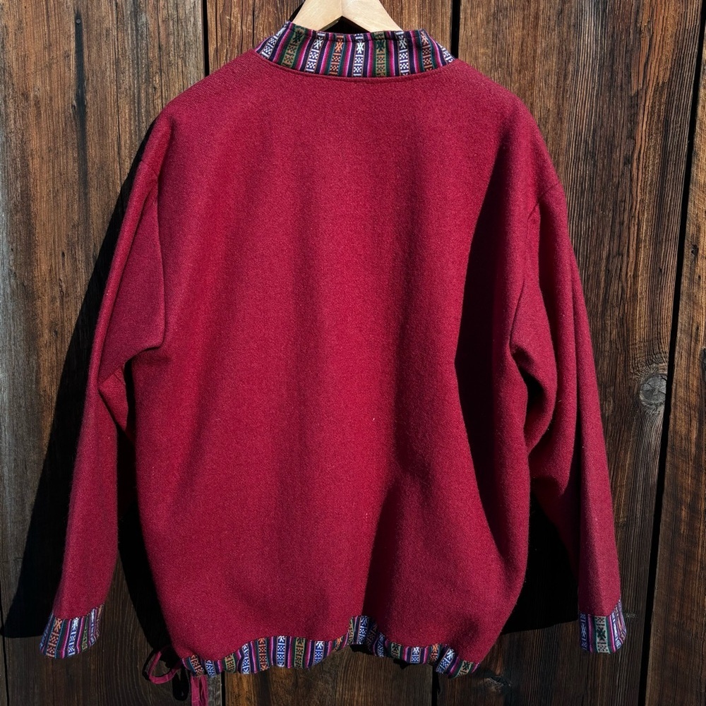 Nepalese Wool Pullover Deep Red with Patterned woven Trim Size XL - Picture 2 of 9